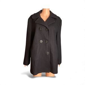 Lands’ End Womens Navy Blue Double Breasted Wool Peacoat 16 Red Satin Lining